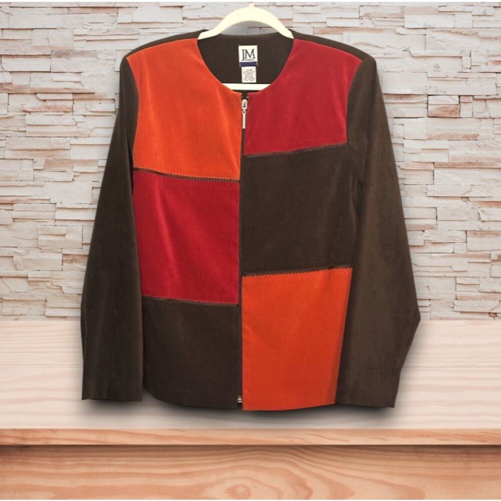 JM Collection Faux Suede Full Zip Dressy Jacket Color Block Size Med NWOT